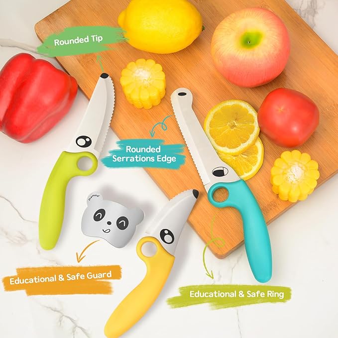 Kids Knife Set for Real Cooking with Educational Ring & Panda Finger Guard for Boys & Girls Cutting, Kids Chef Knife Stainless Steel Blade for Kitchen Cutting-Cool-toned