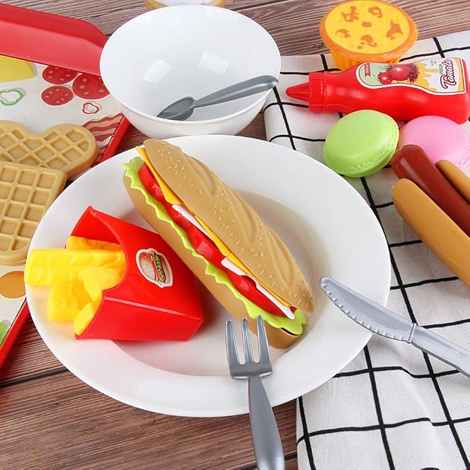 Fast Food Set - 59 PCS Kitchen Toy Set for Pretend Play, Kids Toddlers Play Accessories, Removable Food, Party Favor Christmas Stocking Stuffers