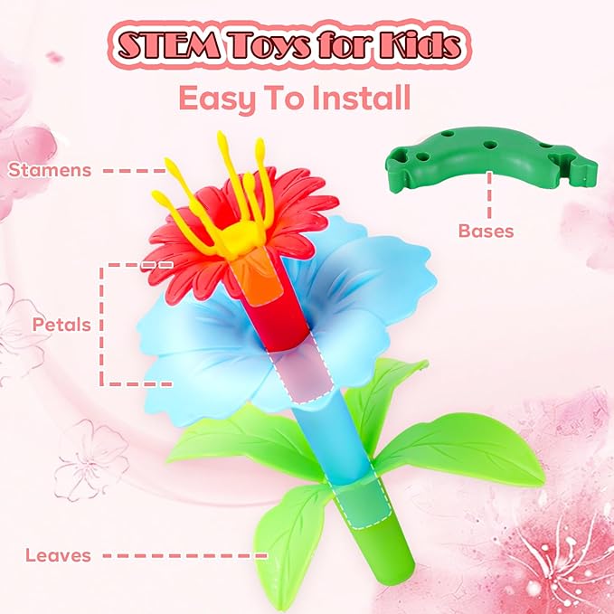 FUNZBO 138pcs Flower Garden Building Set - Easter Spring Toys for 3 4 5 6 7 Years Old Girl, Sorting & Stacking Building Block, STEM Montessori Educational Toy for Kid Toddler Birthday Gift