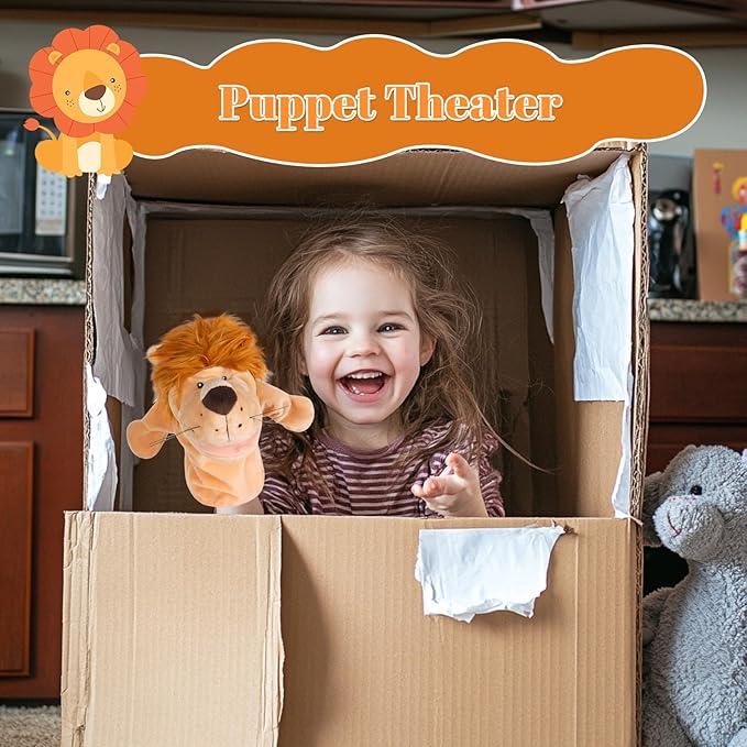 6Pcs Hand Puppets for Toddlers - Stuffed Animal Puppets for Kids, Including Lion, Zebra, Gorilla, Giraffe, Rhino and Donkey for Puppet Show Theater, Stocking Stuffers for Kids