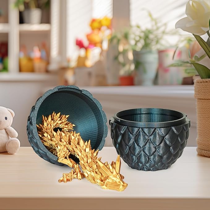 Dragon Eggs with Dragon Inside, 3D Printed Surprise Funny Gifts for Kids, Articulated Dragon Fidget Toys for Adults, Executive Desk Toys Office Room Décor (Shiny Black, M-Size)