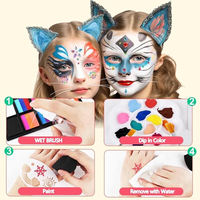 Face Painting Kit for Kids & Adults,Non-toxic Water Activated Face Paint Makeup set,Includes 18 Color+15 Color Face Paint Makeup Palette and Multiple makeup tools.Ideal for Halloween,Cosplay Makeup.