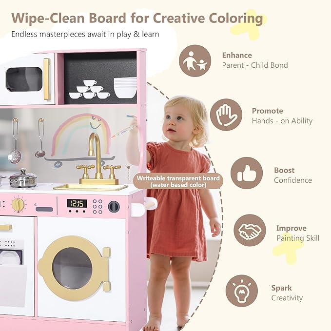 Kinder King Wooden Kids Play Kitchen, Toy Kitchen Playset for Toddler, Play Kitchen Set w/Transparent Coloring Board, Pretend Fridge, Washing Machine, Ice Maker, Gift for Boys Girls Age 3+, Pink