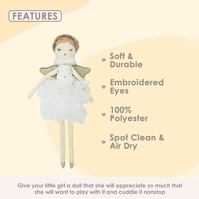 MON AMI Adele Small White Angel Stuffed Doll – 15”, Soft & Cuddly Plush Doll, Use as Toy or Room Decor, Great Gift for Kids of All Ages