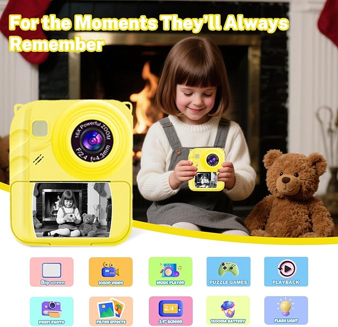 Instant Print Camera for Kids, 1080P Video Camera with 3 Print Rolls, 32GB Card & Cute Cover, Gift for Girls Boys Age 3-12, Toddler Digital Camera with Games, Filters, Music – Yellow
