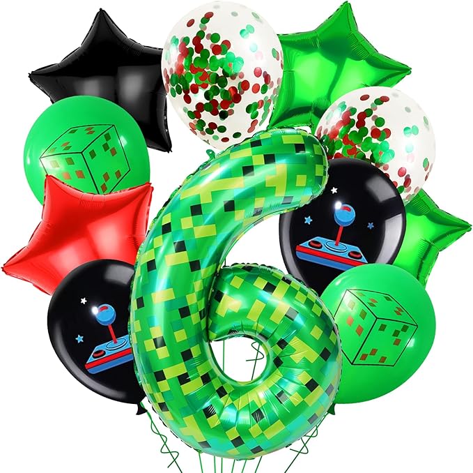 40in TNT Pixel Number 6 Balloon Birthday Decorations, Miner Theme Green Foil Balloons Blast Gaming Party Supplies