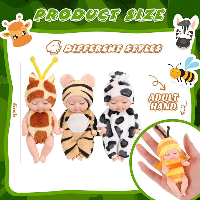 Hanaive 4 Pcs 4 Inch Mini Baby Dolls Lifelike Realistic Baby Dolls Animal Clothes Cute Tiny Gifts for Kids Birthday Party(Print Style)
