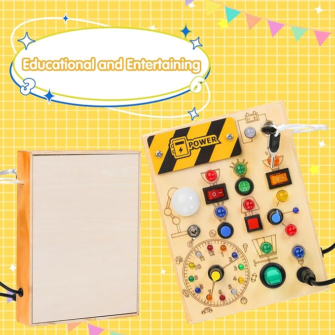 Montessori Busy Board Toys: Wooden Sensory Toy for Toddler with LED Light Up Switch, Educational/Christmas/Birthday Gifts for 1-3 Year Old Boys & Girls