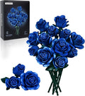 iATOM Blue Rose Bouquet Building Set, Artificial Flowers Botanical Collection for Adults - Gift for Halloween, Gothic Retro Home Office Table Centerpiece Decor - IA11007