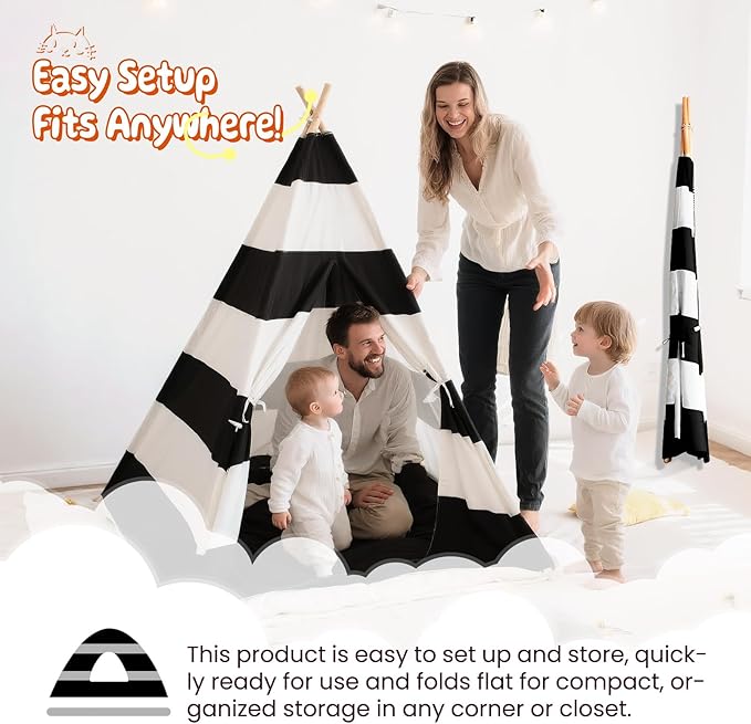 Teepee Tent for Kids with Carry Bag, Washable Playhouse for Indoor Use, Ideal Play Tent for Girls and Boys, Stripe Black