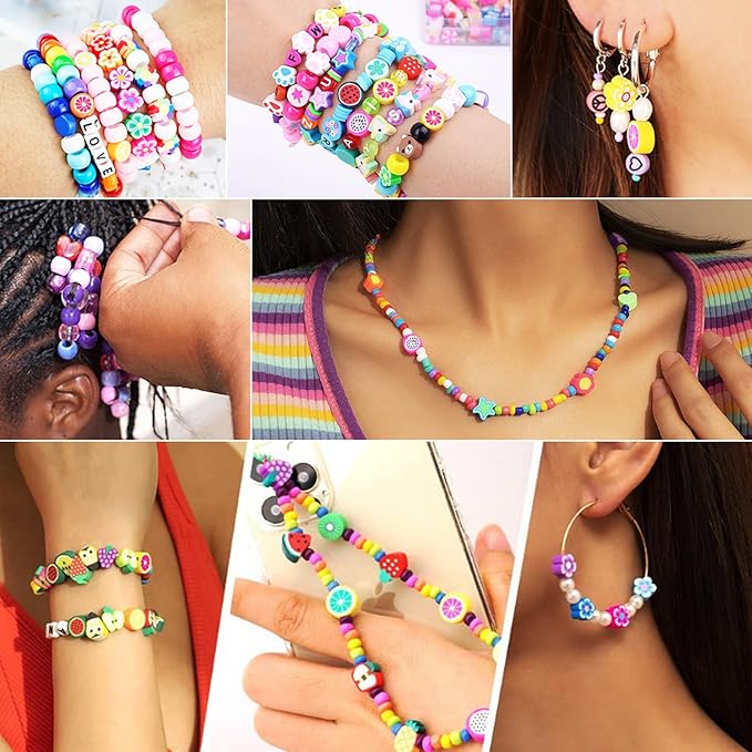 BBita 1000PCS Polymer Clay Beads Bracelet Making kit, 24 Style Cute Fun Beads Flower Animal Rainbow Eye Charms for Jewelry Necklace Earring Making DIY Accessories for Women Girls