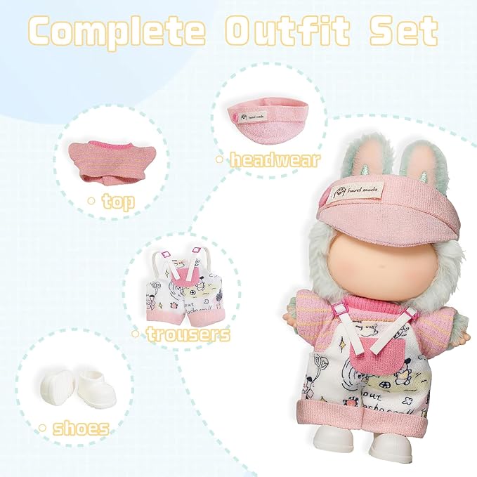 4-Piece Clothes for 17cm Doll, Cute Outfit Set with Hat, Sweater, Overalls, Shoes, Stylish Adorable Dolls Accessories for Display & Dress-Up (No Doll)