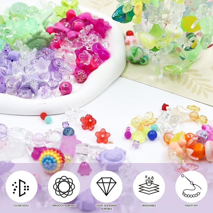 RYKOMO 300-360PCS Acrylic Beads, Cute Assorted Kawaii Aesthetic Beads for Jewelry Making, DIY Bracelet Necklace, Phone Lanyard (10 Candy Colors)