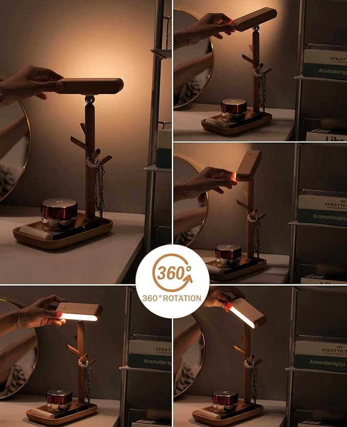 Wooden Table Lamp Tree Trunk Wood Column Rechargeable Led Desk Lamps Magnetic 360°Rotate Battery Powered Wall Night Lights for Bedside Living Edge Table (Beech)