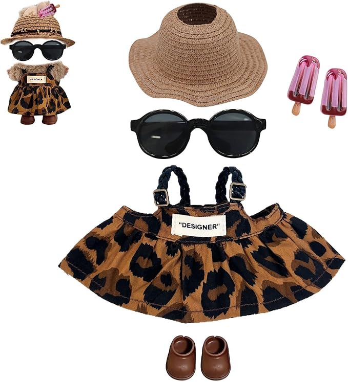 5Pcs Set-17cm Doll Rabbit Bunny Clothes, Fashionable Elegant Brown Leopard Dress+Sunglasses+Shoes+Icecream Hairpins+Straw Hat, Summer Beach Outfit for Dress up, Doll Costume Cosplay Fashion Dresses