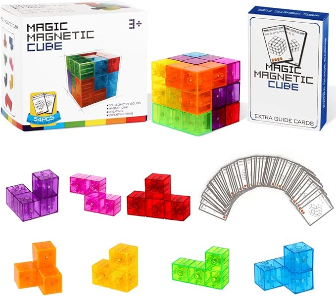 Magnetic Building Blocks Magic Magnetic 3D Puzzle Cubes, Set of 7 Multi Shapes Magnetic Blocks with 54 Guide Cards, Intelligence Developing and Stress Relief Fidget Toys