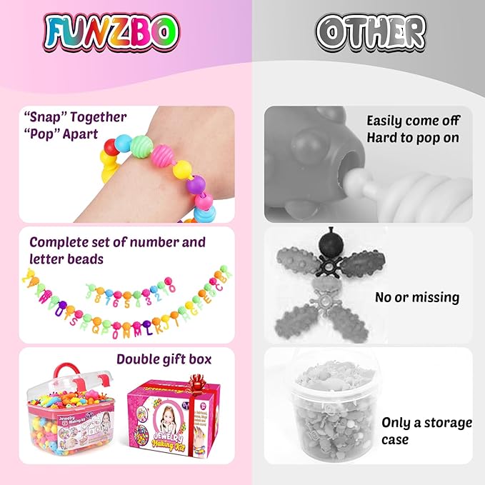 FUNZBO 650pcs Pop Beads - Jewelry Making Kit for 3 4 5 6 7 8 Year Old Little Girls, Arts and Crafts Toys for Kids, Necklace Bracelet Creativity Snap Set Top Best Christmas Birthday Gifts