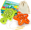 KLT Wooden Lacing Toys for Toddlers Fine Motor Learning, 1 Turtle 1 Starfish Wood Puzzle Preschool Educational Toys, Montessori Gifts for Kids 3-5