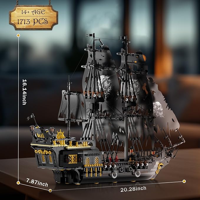 NUTCRACKER Pirate Ship Building Set with LED Light, Black Pearl Ship Toy Building Set, Sailboat Model Home Decor, Easter Christmas Birthday Gift for Adults（1713 Pieces）