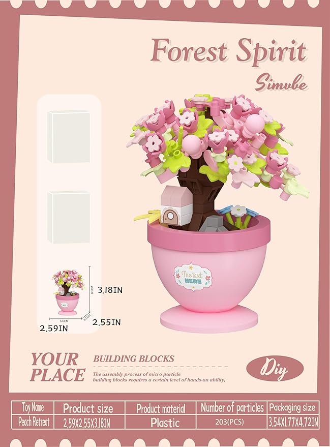 Peach Retreat Mini Bonsai Tree Micro Building Set Building Toy Plant Cherry Tree Flower Collection Decor for Home Desk Greenery Decoration Building Blocks DIY Creative Gifts
