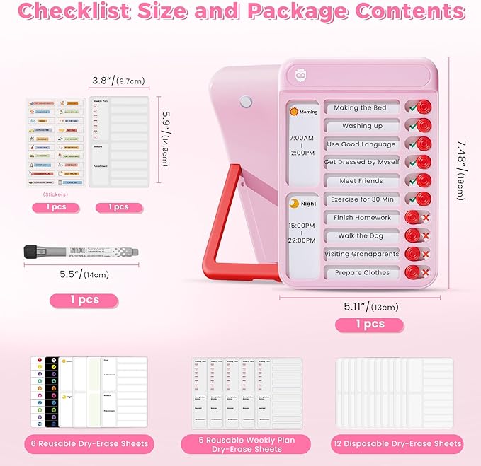 Chore Chart for Kids, Visual Schedule for Kids with Autism, Chart Board with 12 Reusable Sheets, Routine Chart Dry Erase Board for Kids, Magnetic Chore Chart for Fridge, Desk, Home - Pink