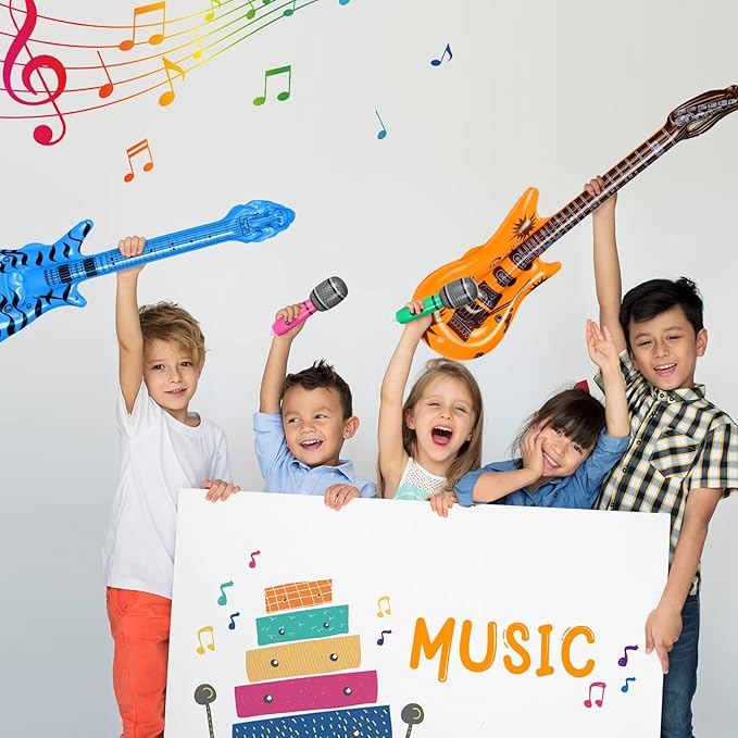 37 Pcs Inflatable Rock Star Instrument Set, 12 Blow up Guitar 36 Inch 12 Inflatable Microphone 12 Bass with a Pump for 80s Themed Party Carnival Birthday Party Decorations