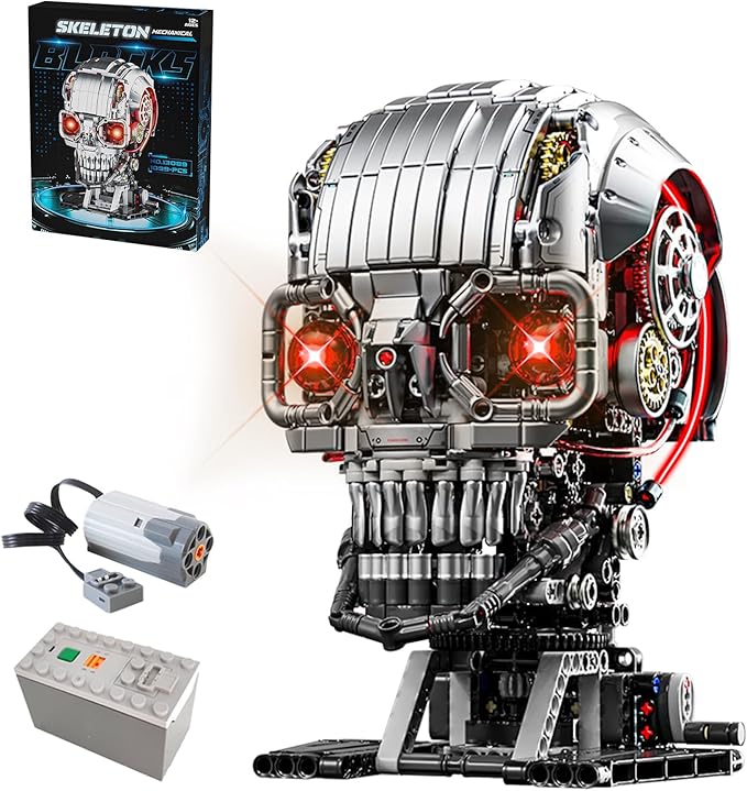 Mechanical Skull Building Block Set 3D Poseable Model with Mandibular Teeth Bite Drive can be driven by hand or motor for STEM Toys for Kids & Adults Perfect for Horror Fans & Gothic Room Decor