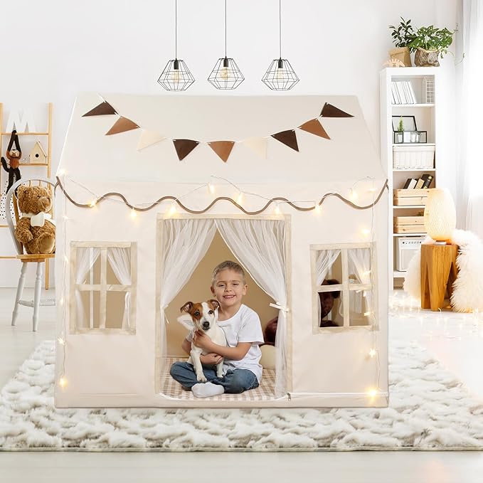 Kids Play Tent, Toddlers Large Playhouse with Mat, Star String, Flag, Machine Washable, Indoor and Outdoor Play Tent for Kids, Girls & Boy Aged 3+, 50" x 34" x 51", Cream