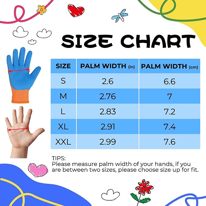 HANDLANDY 3 Pairs Kids Gardening Gloves Latex Free, Nitrile Coated Children Toddler Garden Yard Work Gloves for Little Girls Boys (Size L, Black-Orange)