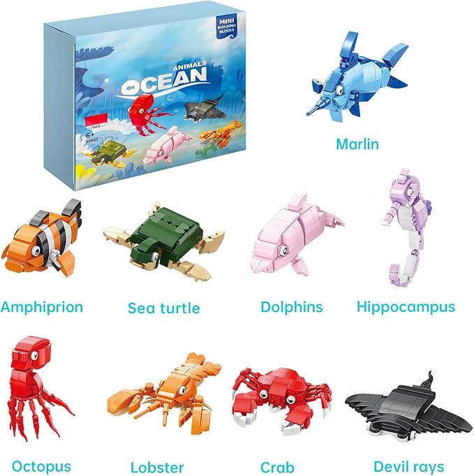 9 Packs Ocean Animals Building Sets,Party Favors for Kids Goodie Bags,Sea Animals Mini Building Blocks for Birthday Party Gift,Goodie Bags, Prize,Cake Topper
