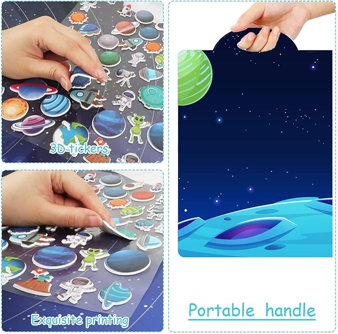 3D Outer Space Puffy Sticker Play Set Kids 2-4 Toys Gifts Sticker Book Galaxy Window Clings Decals for Toddlers Home Airplane Solar Systerm Party Supplies Decorations 100 Reusable Puffy Stickers