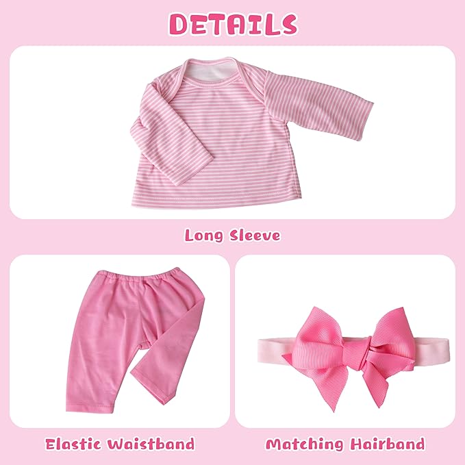 Reborn Baby Doll Accessories Pink Baby Doll Clothes 17-22 Inches Reborn Dolls Cute Newborn Outfits Gift Set for Realistic Dolls