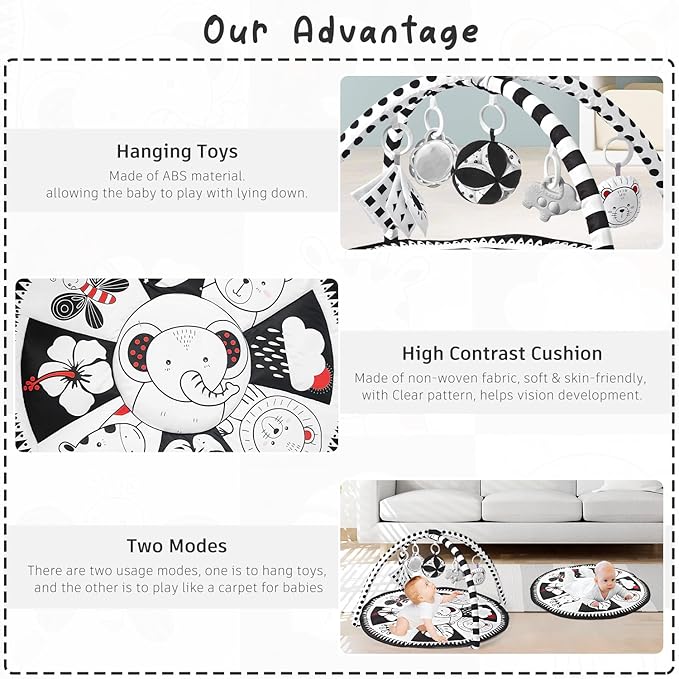 Black and White Tummy Time Mat, Play Mat for Babies 0-6 Months High Contrast Baby Play Activity Gym Baby Tummy Time Play Mat with 5 Toys for Early Sensory Exploration Newborn Infant Baby Playmat