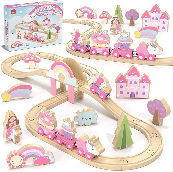 Lehoo Castle Wooden Train Set, Train Set for Toddlers 2-4, Wooden Train Track for Girls, Unicorn Toys for Girls Age 4-6, Toys for 3 4 5 6 Year Old Girl