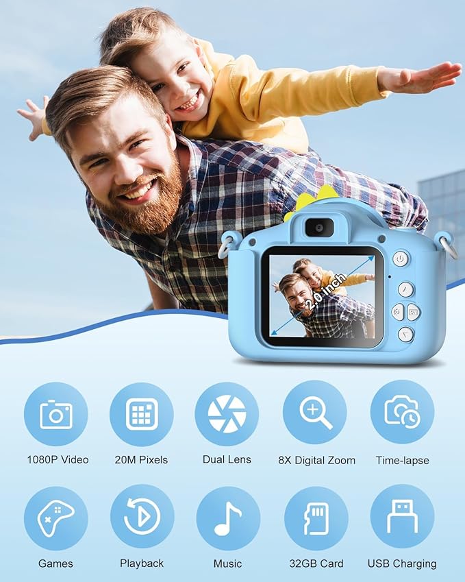 Dinosaur Kids Camera Toys, Birthday Graduation Gifts for Girls Boys 3-12, 1080P HD Selfie Digital Video Camera for Toddlers,Travel Gifts Dino Toys for 4 5 6 7 8 9 Years Old (Blue)
