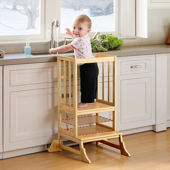 COSYLAND Toddler Step Stool Height Adjustable – Portable Kids Kitchen Stool Helper with Stabilizing Base Block – Toddler Standing Tower for Bathroom Kitchen Living Room Dining Room (Natural)
