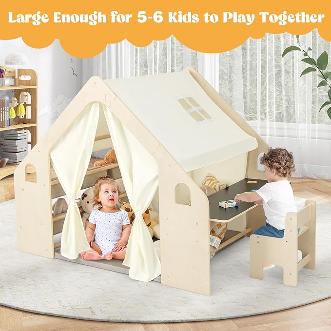 Costzon Large Kids Tent, 6-in-1 Wooden Frame Play House with Table and Chair Set, Blackboard, 6 Storage Bins & Soft Floor Mat, Indoor Playhouse for Boys Girls Aged 2-6 Years Old