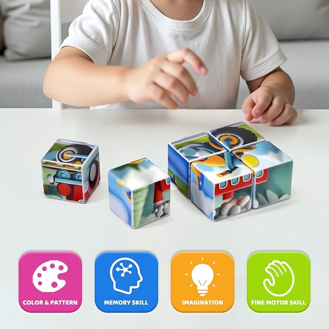 Magnetic Tiles Building Blocks, 1.65 inch Magnetic Cubes Toys, STEM Learning Educational 3D Cars & Vehicles Puzzles Game for Kids Ages 3-5, Classroom Must Haves Toys