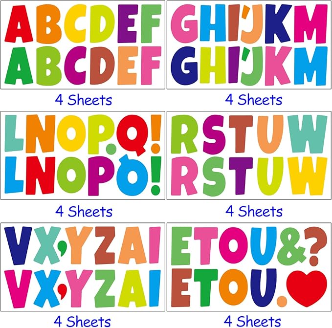 Bemeol 288 Pcs Bulletin Board Letters 24 Sheets 2.5 Inch Self Adhesive Vinyl Alphabet Stickers Letter for Poster Board Classroom School Home Decor(Colorful)