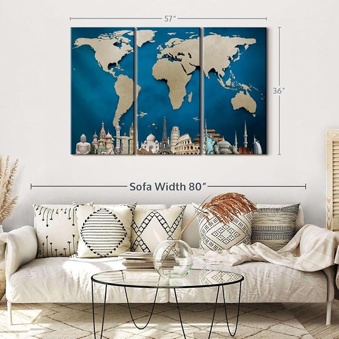 ElephantStock Ocean Blue World Map Multi Piece Canvas - 3 Panel Wall Decor - Map of the World Art - Canvas for the Office and Home - 57" X 36"