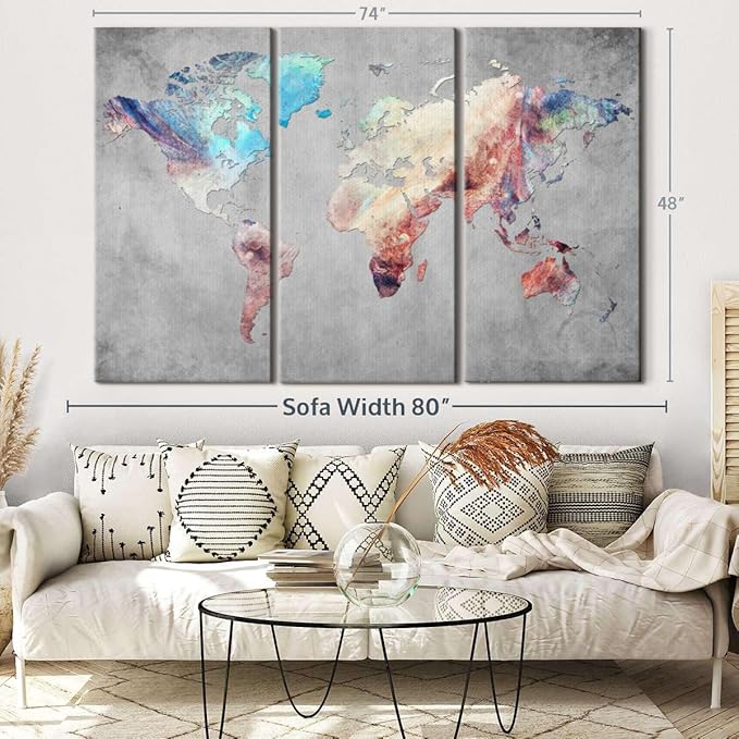 ElephantStock Artistic Touch World Map Multi Piece Canvas - 3 Panel Wall Decor - Map of the World Art - Canvas for the Office and Home - 74" X 48"