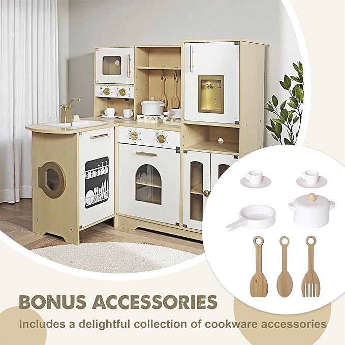 Large Wooden Corner Play Kitchen Sets with Real Running Water, 2 in 1 Water Dispenser with Ice Maker, Toy Tove with Light and Sounds for Toddlers, Preschoolers, Children Age 3+ Years