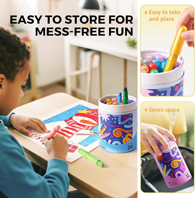 Jar Melo Glitter Crayons for Toddlers 1-3, Non-Toxic Washable Crayons for Kids, Ultra-Silky and Twist, Ideal Coloring Gift for Boys and Girls, 24 Colors
