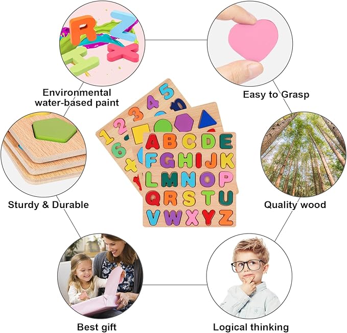 Attmu Wooden Puzzles for Toddlers 1 2 3 4 5 Year Old, Alphabet Number Puzzle Shape ABC Puzzle, 3 in 1 Preschool Educational Learning Toys with Puzzle Board for Girls Boys Set of 3