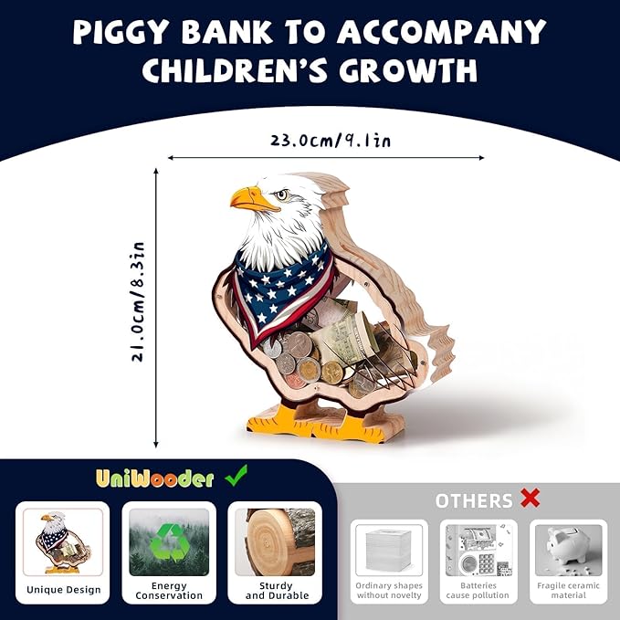Wooden Eagle Piggy Banks for Kids Money Coin Bank, Cute Unbreakable Piggy Bank DIY Personalized Kids Safe Money Box with Stickers, Toddler Birthday Baptism Gifts for Girls Boys Eagle Lovers