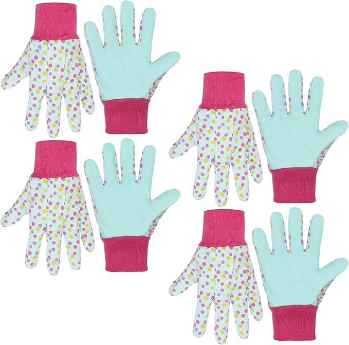HANDLANDY 4 Pairs Kids Gardening Gloves, Girls Boys Children Garden Work Play Gloves (Pink Dot, Medium)