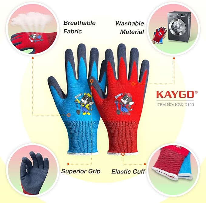 KAYGO Kids Gardening Gloves 4 Pairs - Polyester Seemless knitted with Latex Sandy Finish Coating, KGKID100, Ideal for kids gardening, DIY,Light duty works, and outdoor activities (XXS (Age 7-9))