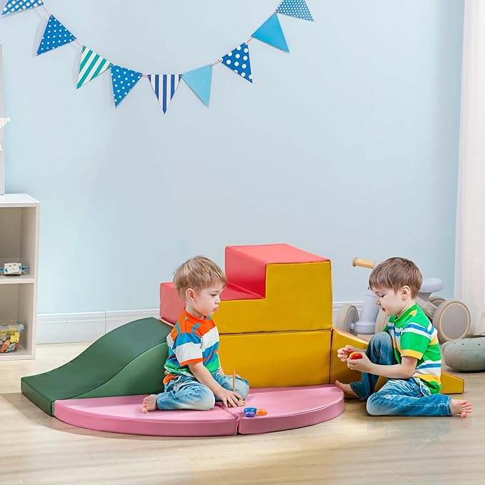 Qaba Kids Soft Play Set, 6-Pieces Foam Climbing Blocks for Toddlers 1-3 Years, Indoor Kids Baby Activity Play Set for Climb and Crawl, Assorted