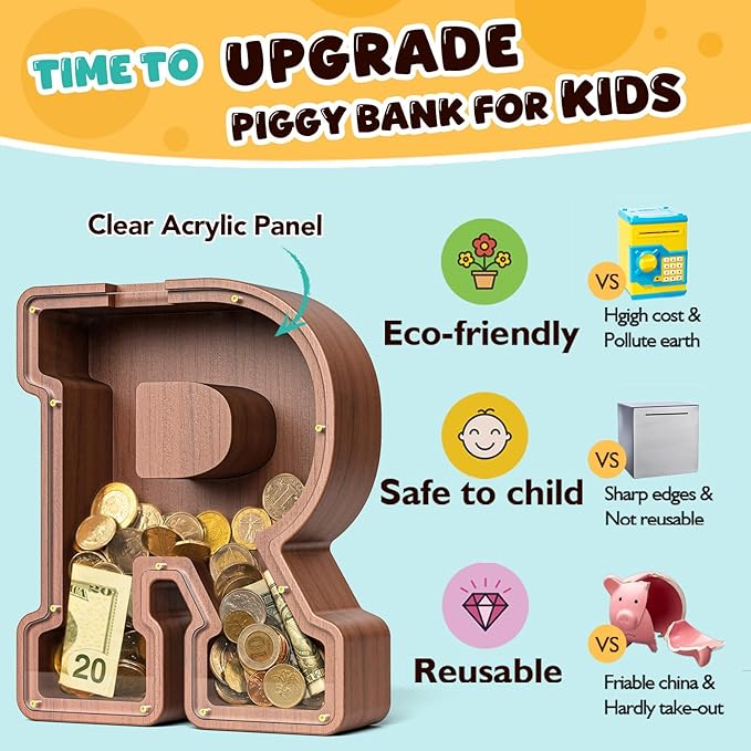 Summidate Wooden Letter Piggy Bank, Extra Thick Large Capacity Piggy Bank for Kids Boys Girls Toddler, Alphabet R Money Bank| Coin Box Birthday, Christmas, Festival
