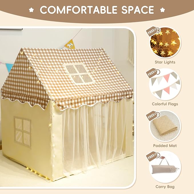 Playhouse for Indoor & Outdoor, with Star Light, Flags and Carry Bag, Washable Kids Tent for Girls & Boys (Lattice Top)